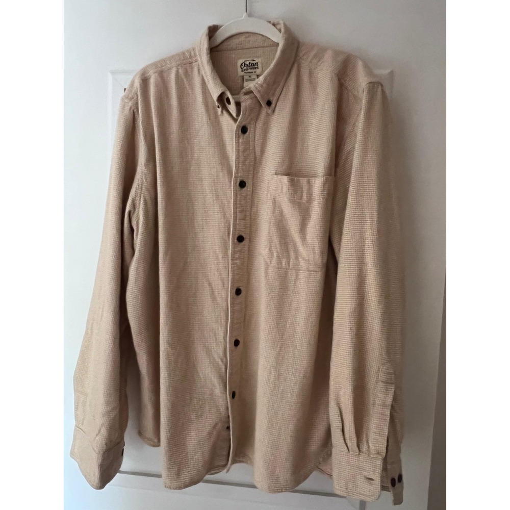 Orton Brothers Mens XL Flannel Shirt Tan White Houndstooth Button Down 50x31